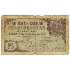 (1936/11/21) Burgos. 5 Pesetas. BC. Serie 4359222.  - 1