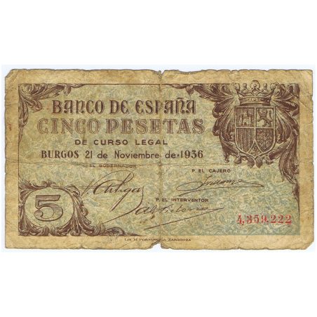 (1936/11/21) Burgos. 5 Pesetas. BC. Serie 4359222.