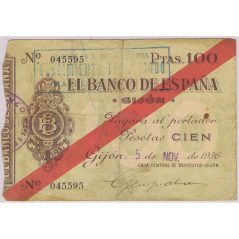 (1936/11/05) Banco de España. Gijón. 100 Pesetas. Serie 045595  - 1