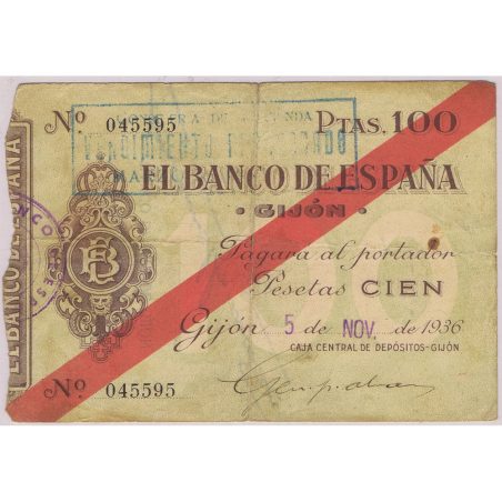 (1936/11/05) Banco de España. Gijón. 100 Pesetas. Serie 045595
