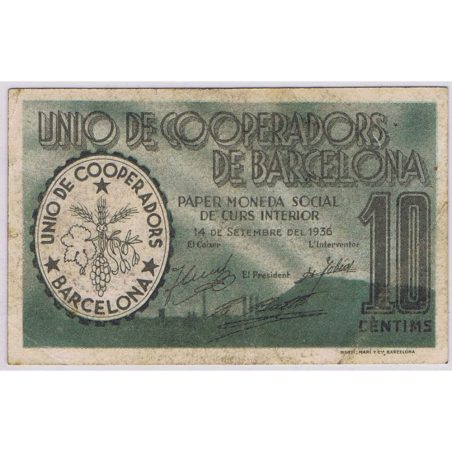 (1936) 10 Céntims Unió de Cooperadors Barcelona. EBC  - 1