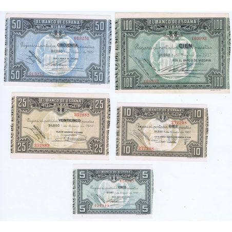 (1937/01/01) Serie de 5 billetes Bilbao. EBC  - 1
