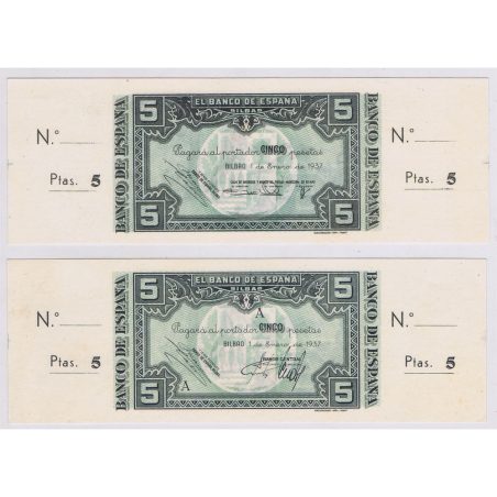 (1937/01/01) Bilbao. 5 Pesetas. 2 billetes con matriz. SC
