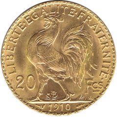 Moneda de oro Francia 20 francs Gallo 1910  - 1