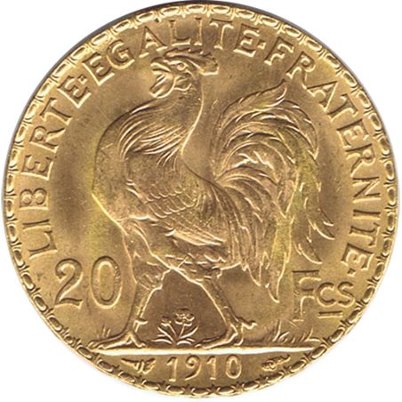 Moneda de oro Francia 20 francs Gallo 1910  - 1