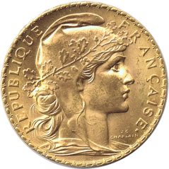 Moneda de oro Francia 20 francs Gallo 1910