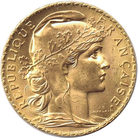 Moneda de oro Francia 20 francs Gallo 1910