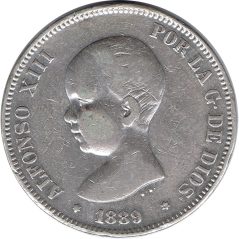 5 Pesetas Plata 1889 *89 Alfonso XIII MP M.  - 1