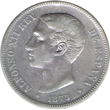 5 Pesetas Plata 1875 *75 Alfonso XII DE M.