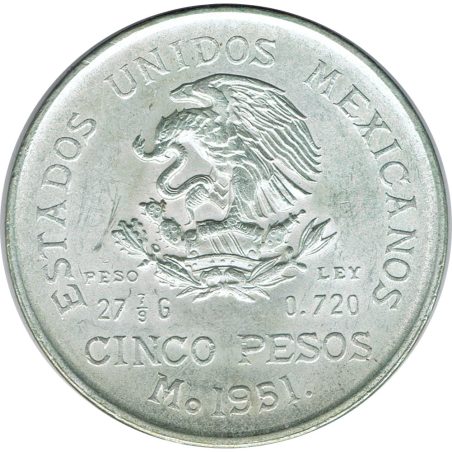 Moneda de plata 5 pesos Mexico 1951 Hidalgo.