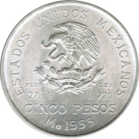 Moneda de plata 5 pesos Mexico 1953 Hidalgo.  - 1
