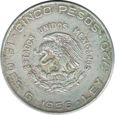 Moneda de plata 5 pesos Mexico 1956 Hidalgo.