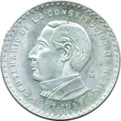 Moneda de plata 5 pesos Mexico 1957 Centenario Constitución.  - 1