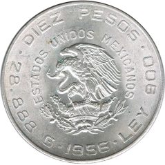 Moneda de plata 10 pesos Mexico 1956 Hidalgo.  - 1
