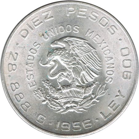 Moneda de plata 10 pesos Mexico 1956 Hidalgo.