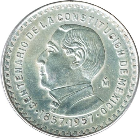Moneda de plata 1 peso Mexico 1957 Centenario Constitución.  - 1