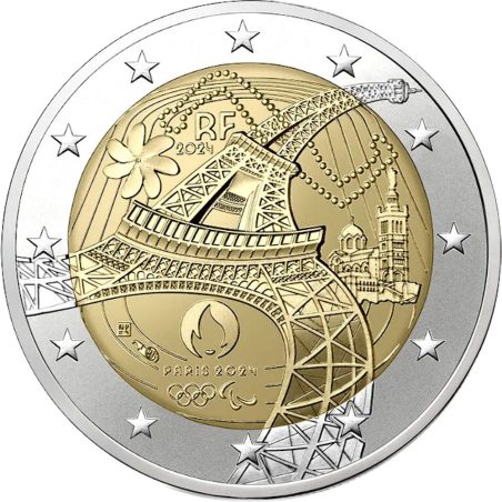 moneda conmemorativa 2 euros Francia 2024 JJOO y paralímpicos Paris.