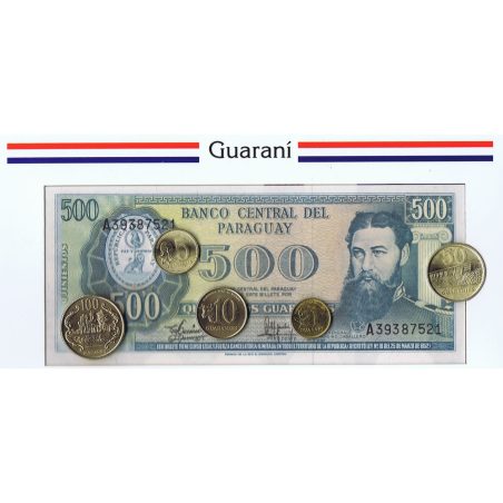 Estuche monedas Paraguay Guraraní. 5 monedas y 1 billete.