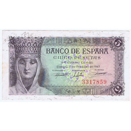 (1943/02/13) Madrid. 5 Pesetas. EBC+. Sin Serie 3317859.