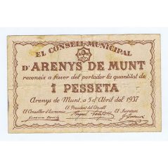 (1937/04/05) 1 Pesseta Consell Municipal Arenys de Munt.  - 1