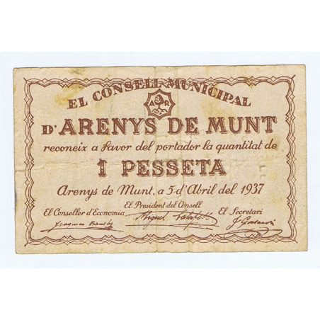 (1937/04/05) 1 Pesseta Consell Municipal Arenys de Munt.  - 1