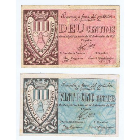 (1937/11/17) 2 billetes Ajuntament de Baix Montseny.  - 1