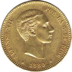 Moneda de oro 25 Pesetas 1880*80 Alfonso XII MSM  - 1