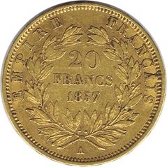 Moneda de oro 20 Francs 1857 A Napoleón III.