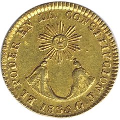 Moneda de oro 1 Escudo 1835 Quito Ecuador.