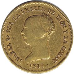 Moneda de oro 100 Reales 1850 Isabel II Madrid. Doblon.  - 1