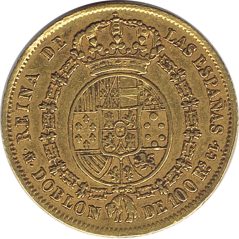 Moneda de oro 100 Reales 1850 Isabel II Madrid. Doblon.