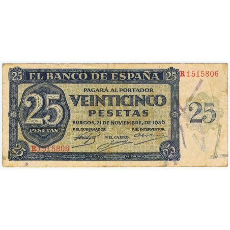 (1936/11/21) Burgos. 25 Pesetas. MBC-. Serie R1515806  - 1