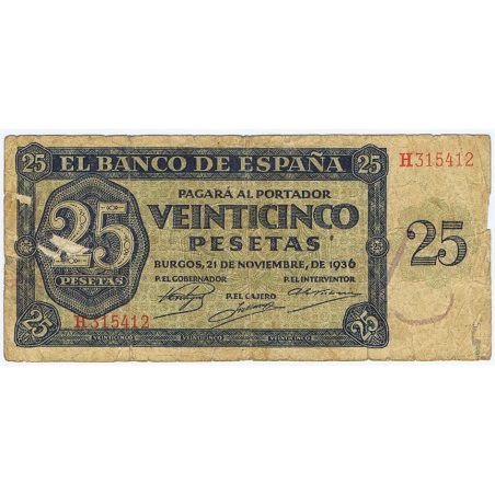 (1936/11/21) Burgos. 25 Pesetas. BC. Serie H315412  - 1