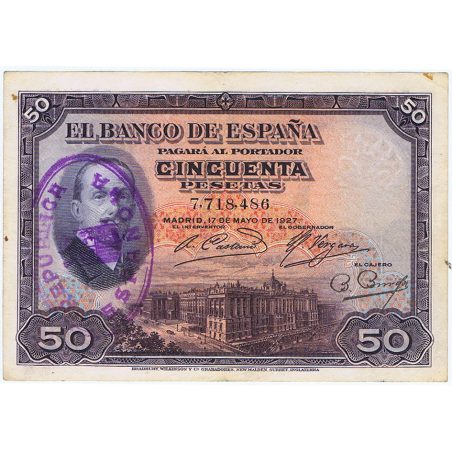 (1927/05/17) Madrid 50 Pesetas EBC- con Resello. Serie 7718486  - 1