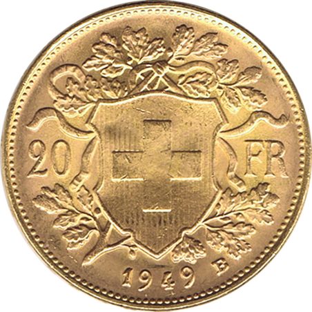 Moneda de oro Suiza 20 Francs 1949 Helvetia.