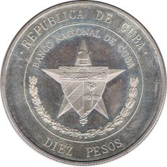 Moneda de plata 10 pesos Cuba 1975 Banco Nacional.