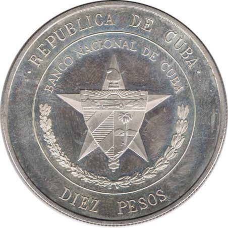 Moneda de plata 10 pesos Cuba 1975 Banco Nacional.