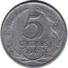 Moneda 5 céntimos 1937 República Española.  - 1