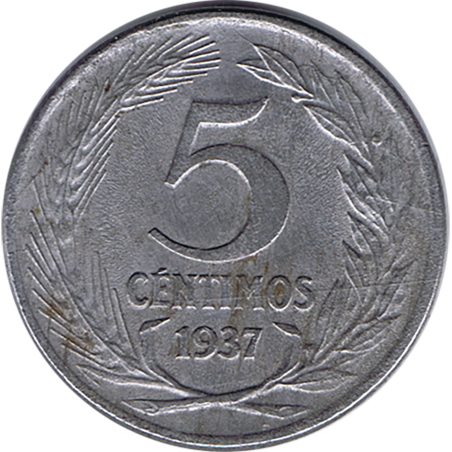 Moneda 5 céntimos 1937 República Española.  - 1