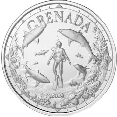 Moneda onza de plata 2$ Grenada Buzo y Tiburones 2024  - 1