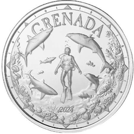 Moneda onza de plata 2$ Grenada Buzo y Tiburones 2024  - 1