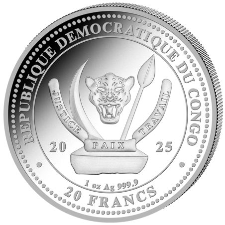 Moneda onza de plata 20 Francs Congo León 2025. Color