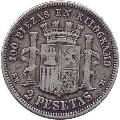2 Pesetas Plata 1869 *69 Gobierno Provisional.