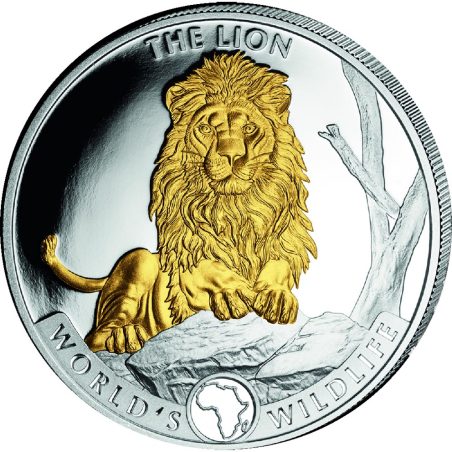 Moneda onza de plata 20 Francs Congo León 2025. Con oro  - 1