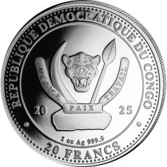 Moneda onza de plata 20 Francs Congo León 2025. Con oro