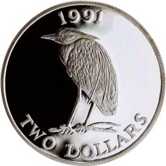 Moneda de plata 2 Dolares Bermuda 1991 Garza Amarilla.  - 1