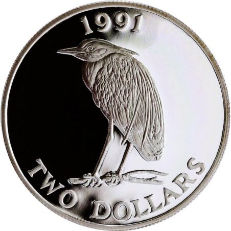 Moneda de plata 2 Dolares Bermuda 1991 Garza Amarilla.  - 1