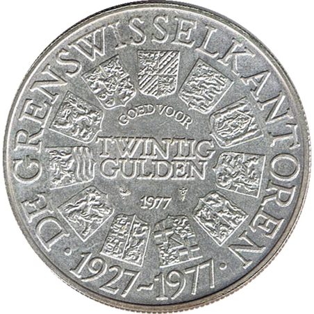 Moneda de plata Holanda 20 Gulden 1977 Oficina de Cambio.