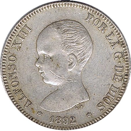 2 Pesetas Plata 1892 *92 Alfonso XIII PG M.  - 1