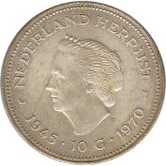 Moneda de plata Holanda 10 Gulden 1970 Liberación.  - 1